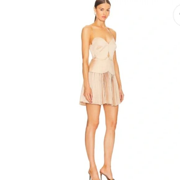 NWT Acler Willcocks Mini Dress Size 4 Tan Spaghetti Strap Pleated Lace-Up Back - Picture 4 of 13
